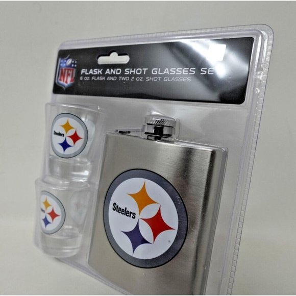 NFL Pittsburgh Steelers 6oz Flask  & 2oz Glass Shot, Stainless Steel - Picture 4 of 6